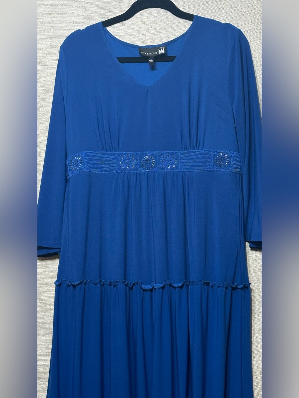 NWOT Antthony Blue Embellished Empire Waist Tiered Maxi Dress Size L